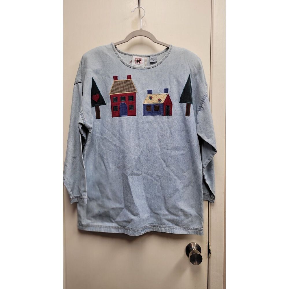 Vintage Sweet Shirts Womens Denim Christmas Top Size M Embroidered Home And Tree